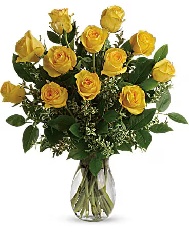 Yellow Roses Birthday Bouquet – fresh yellow rose arrangement in a glass vase.